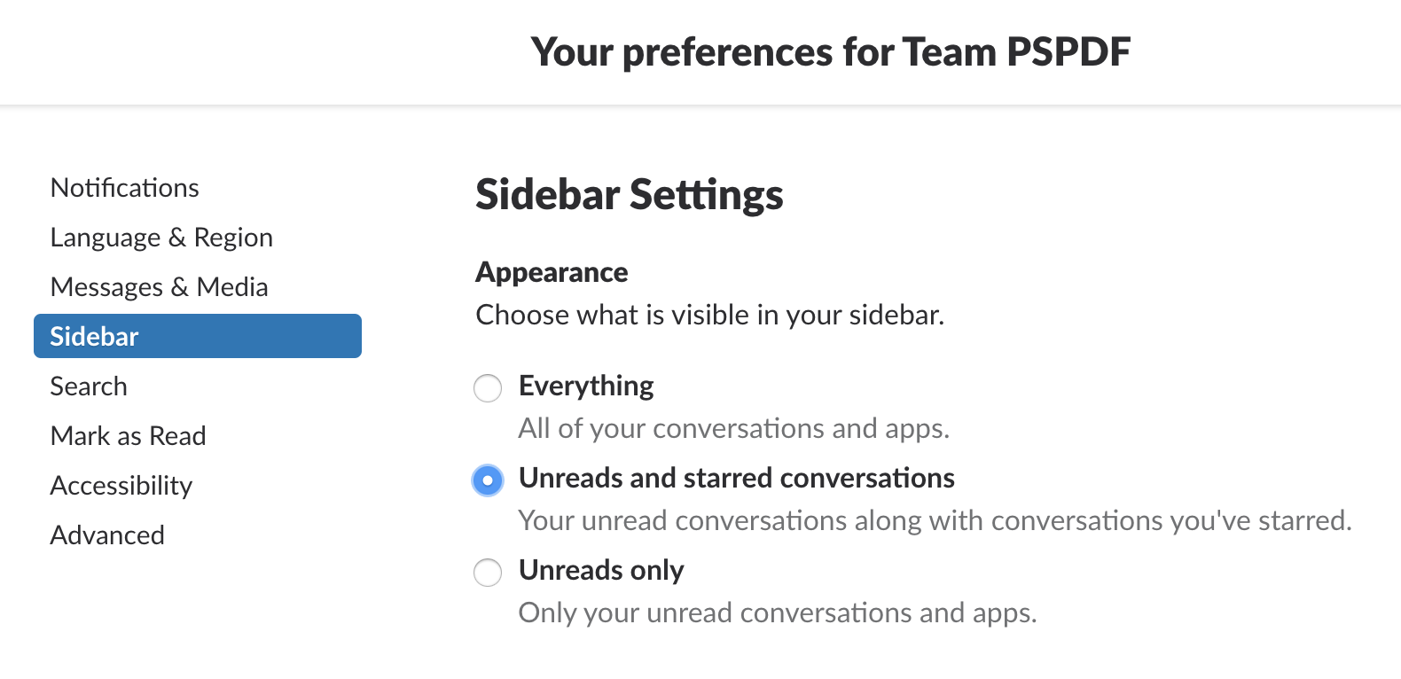 Slack Sidebar Preferences
