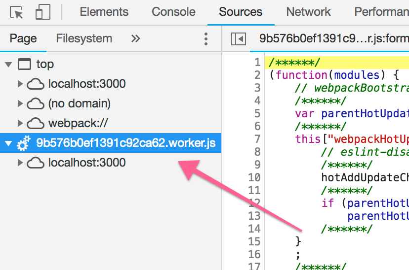 Screenshot of Chrome DevTools showing the web worker in action