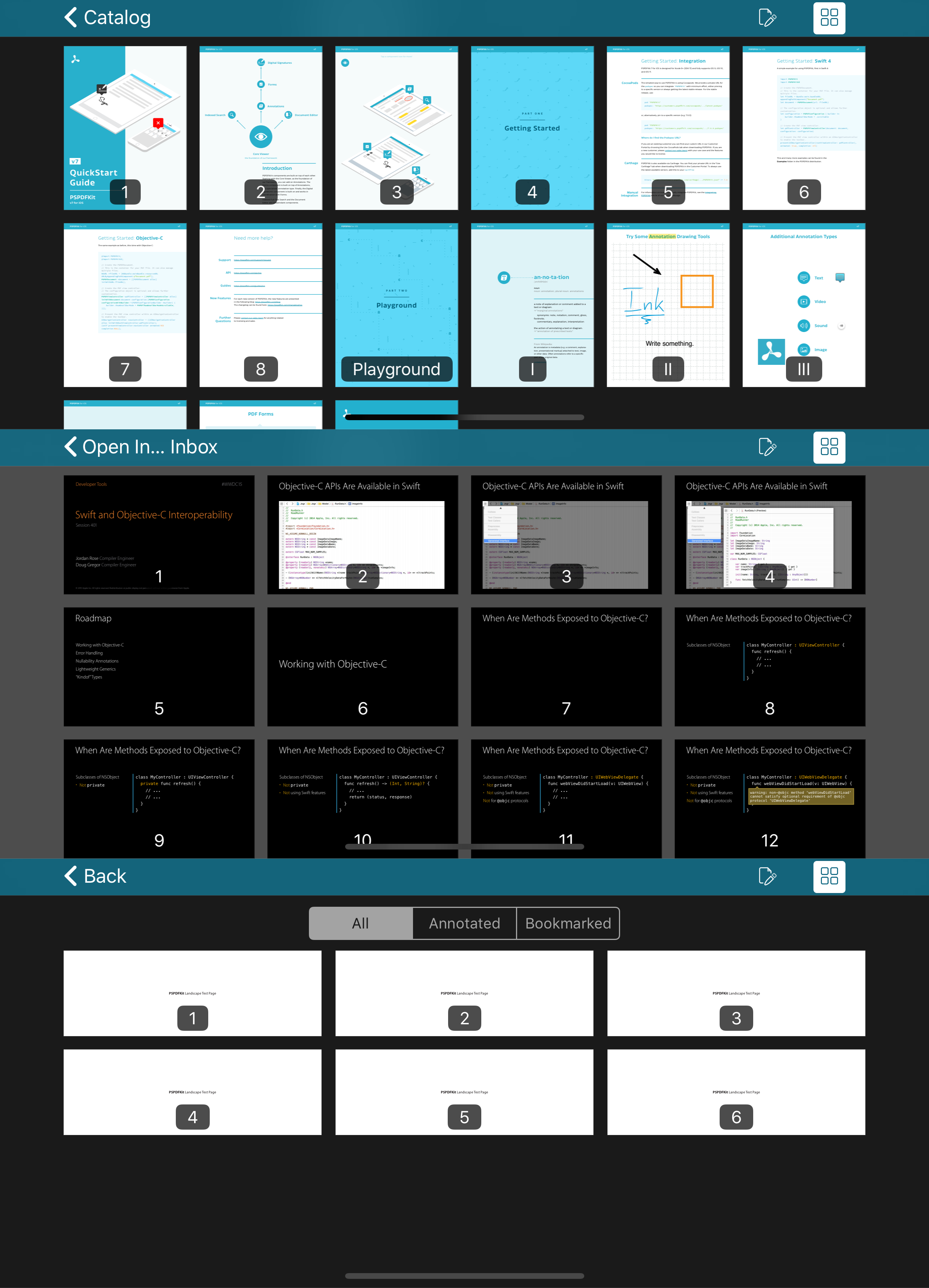 Thumbnails from three documents with different pages sizes, all fitting well on iPhone in landscape