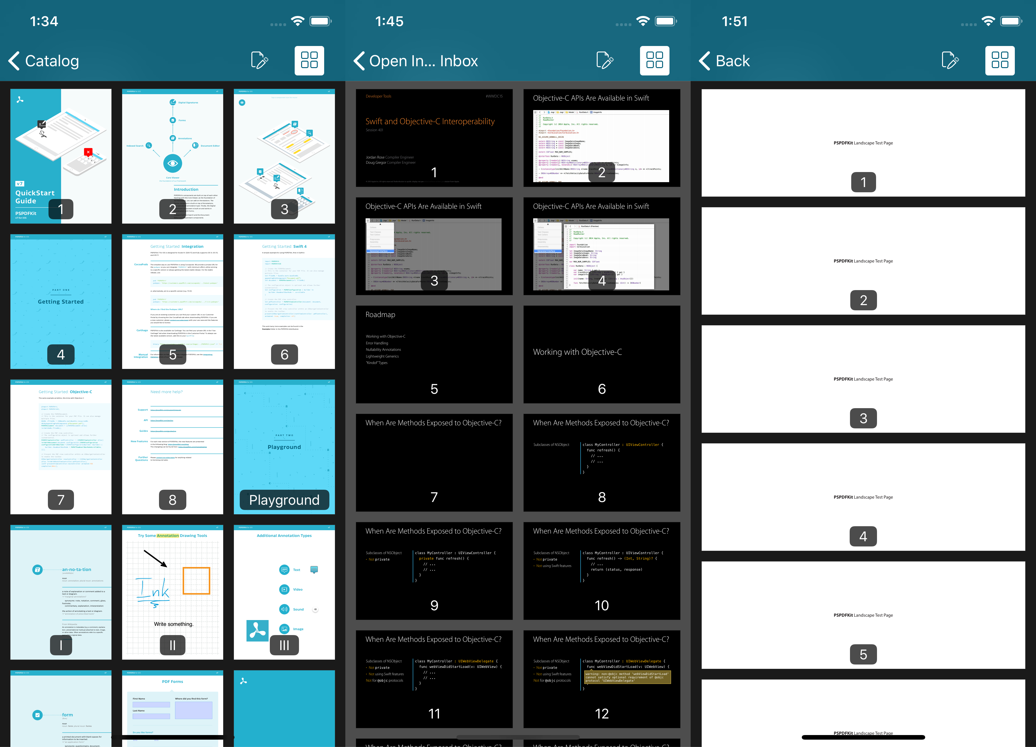 Thumbnails from three documents with different pages sizes, all fitting well on iPhone in portrait