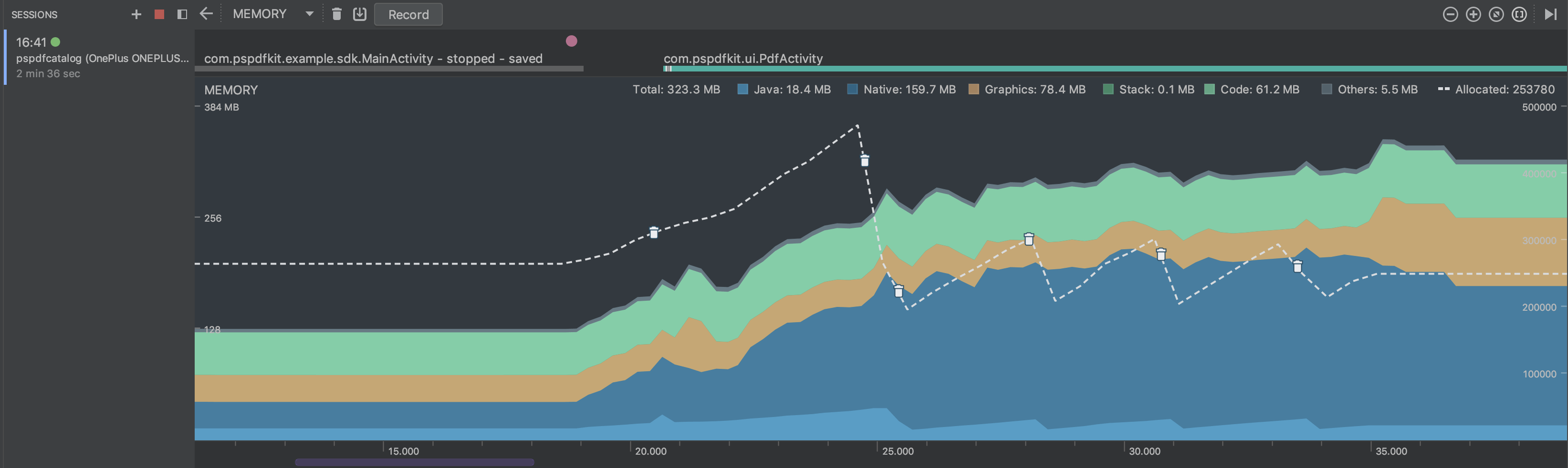Screenshot of memory profiler spikes