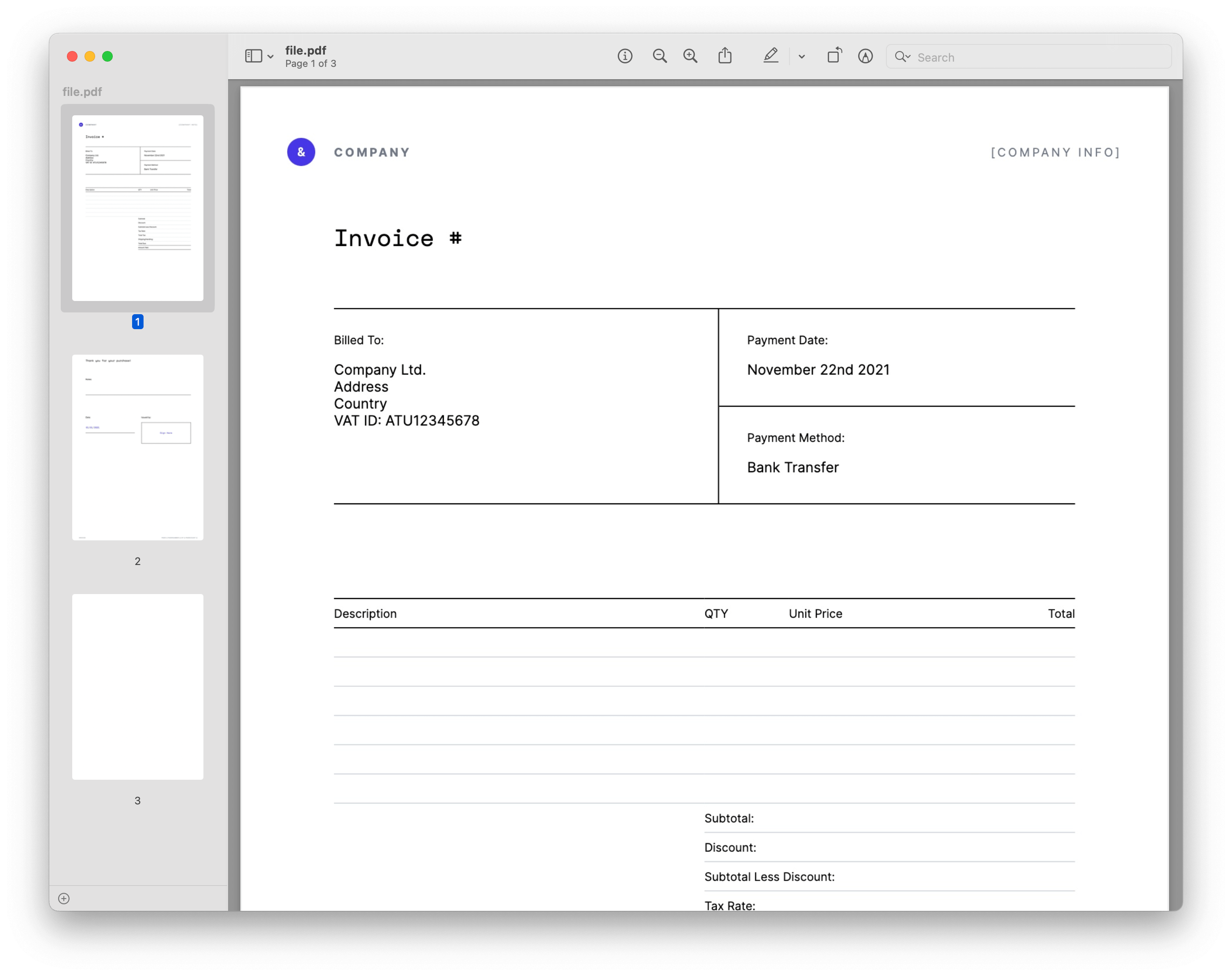 Preview of a fully rendered HTML invoice