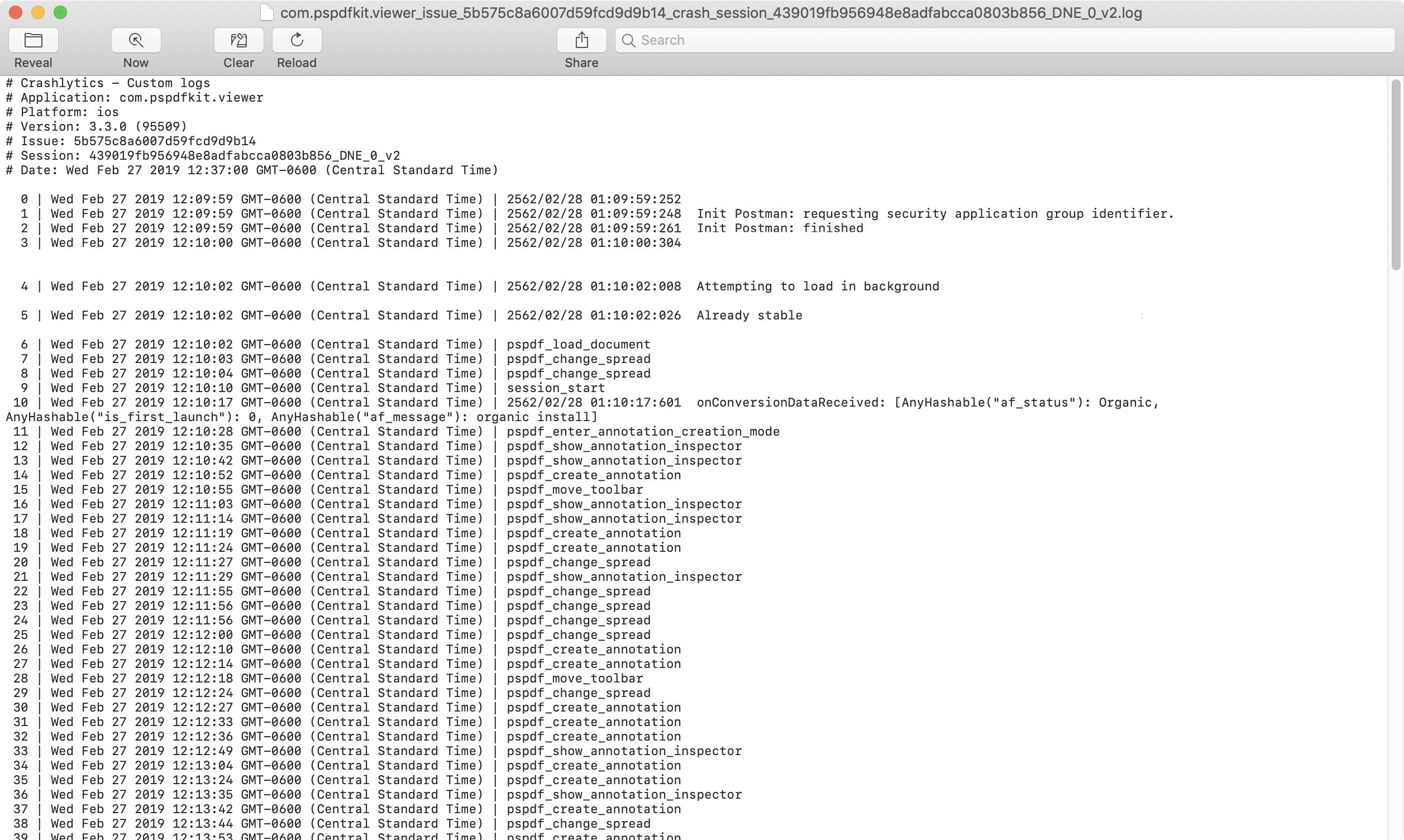 Screenshot of Console.app showing an example of the logs attached to a Crashlytics crash report.