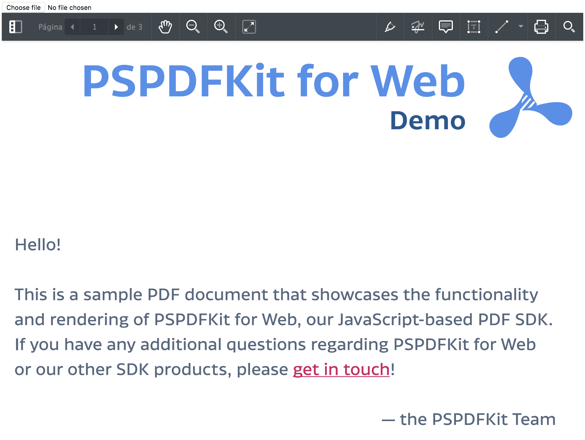 Screenshot of the final result of the example of integrating PSPDFKit for Web in a Svelte app