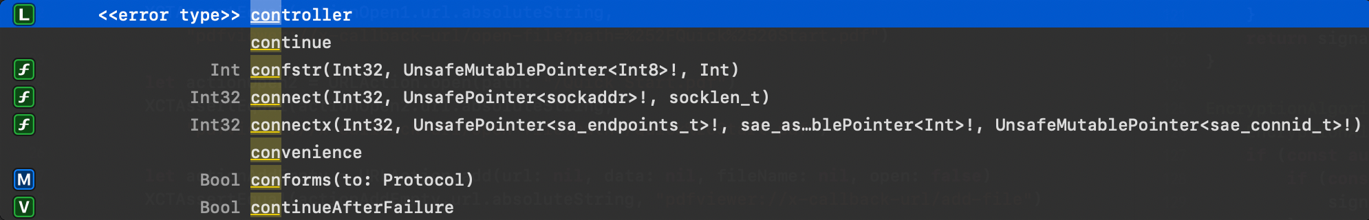 Error Type in code completion in Xcode