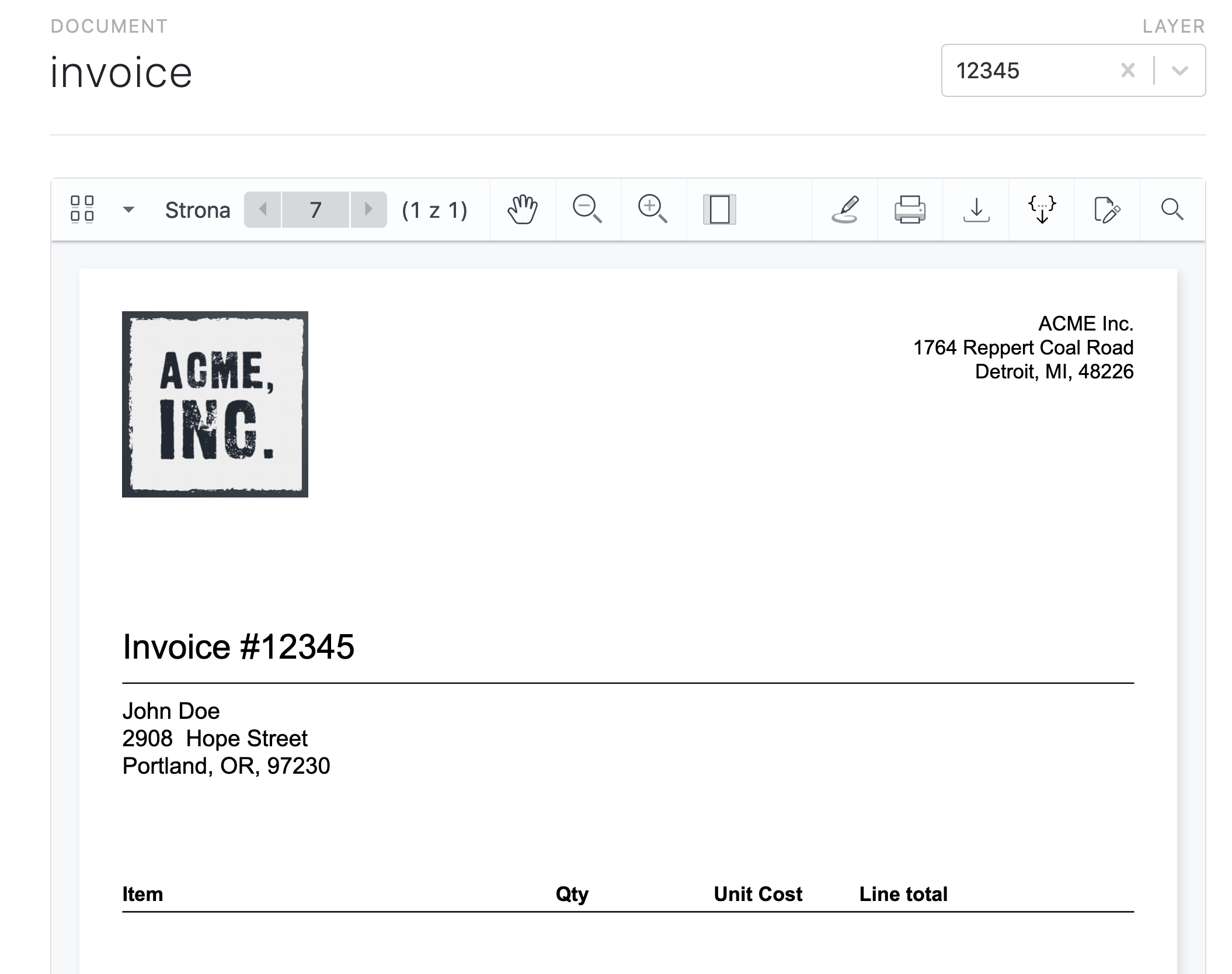 Invoice number and customer details filled-in