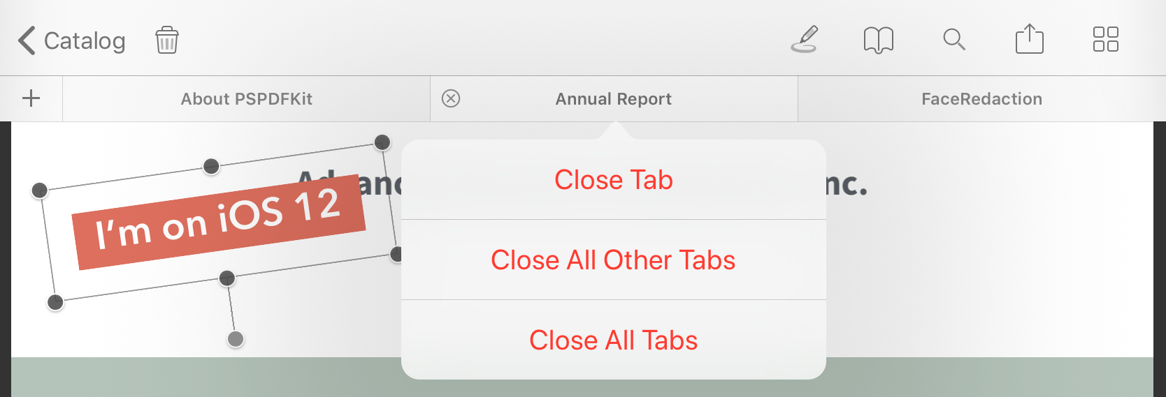 Screenshot of actions sheet on tabs showing the options Close Tab, Close All Other Tabs and Close All Tabs.