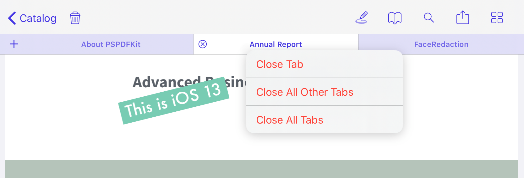 Screenshot of contextual menu on tabs showing the options Close Tab, Close All Other Tabs and Close All Tabs.