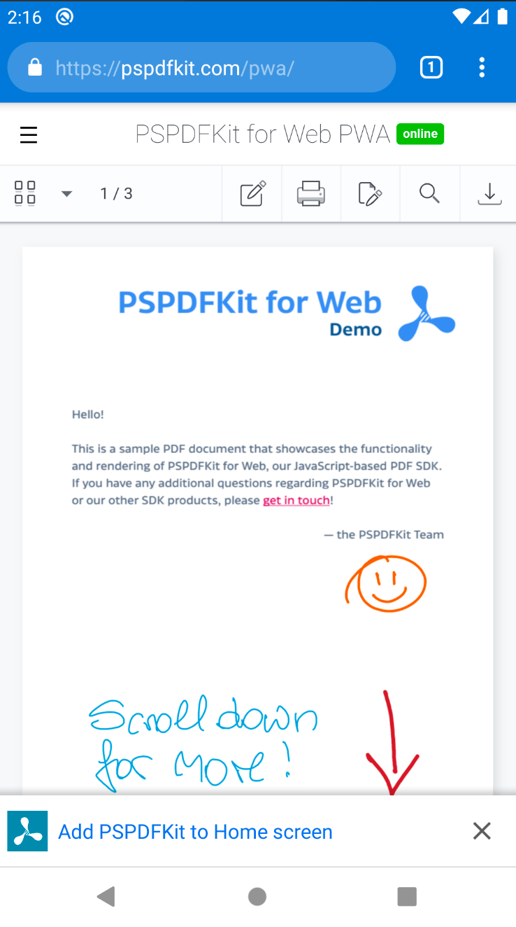 Adding the PSPDFKit PWA to the home screen on mobile Chrome