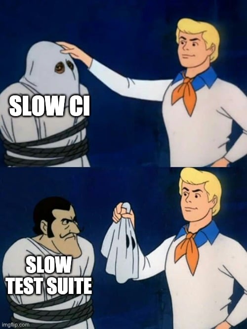 Image from Scooby-Doo showing that slow test suites can often be the culprit of slow CI