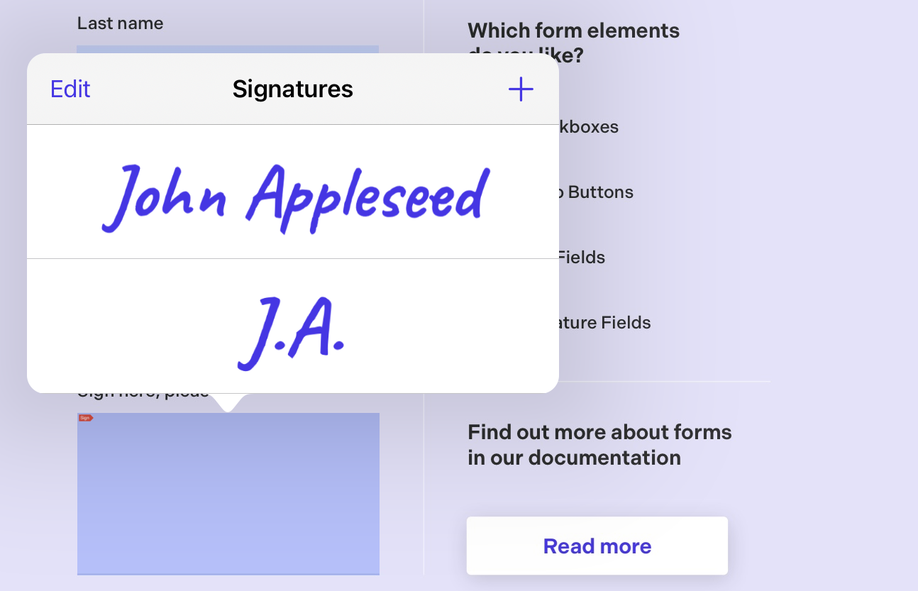 iPad screenshot showing a popover above a signature form field. The popover shows two signatures: John Appleseed and J.A.