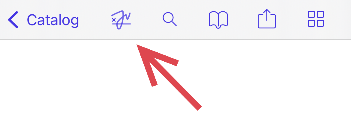 iPhone screenshot showing toolbar with these buttons: back, sign, search, outline, share, and thumbnails.