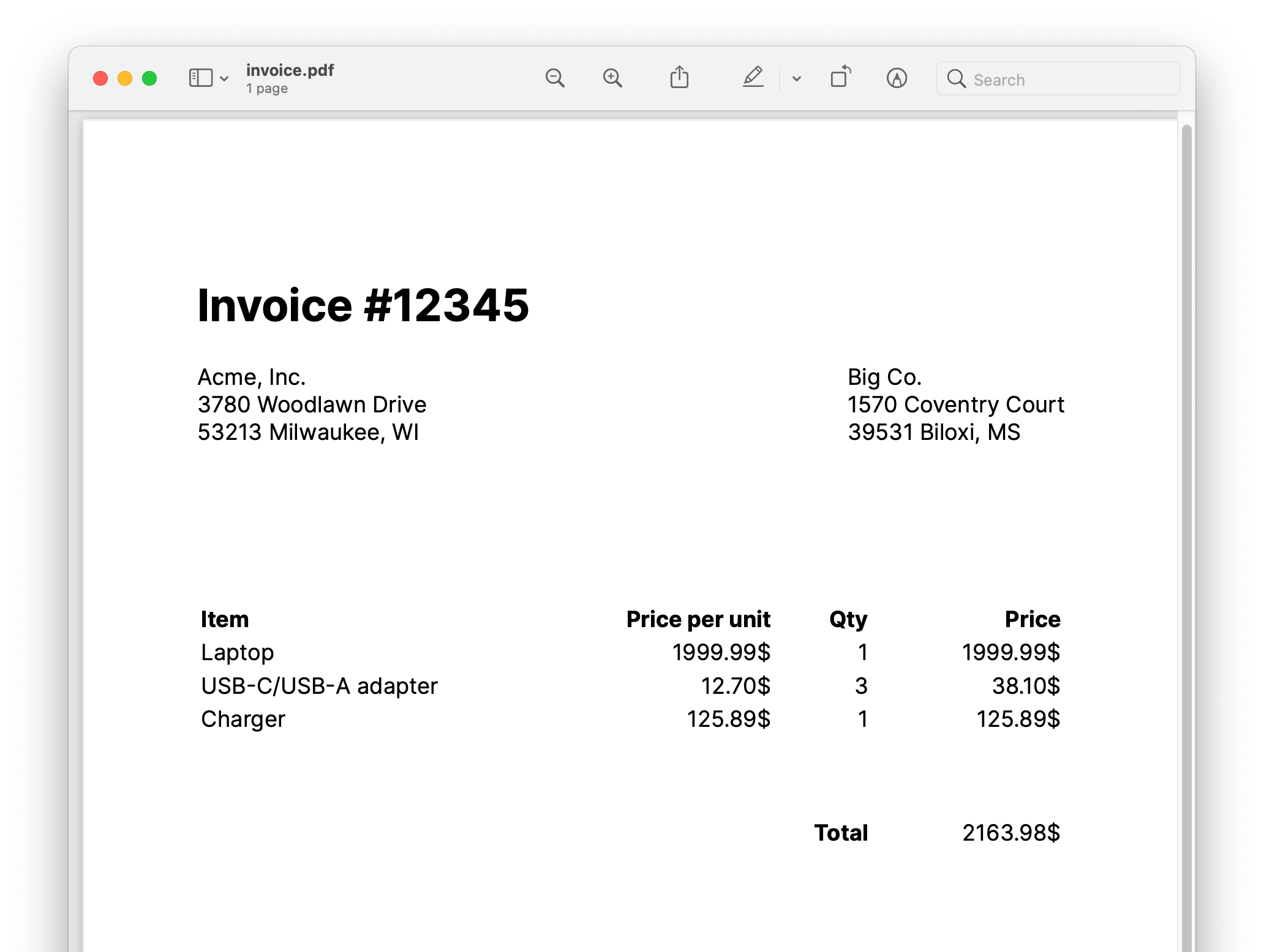 PDF Invoice generated from HTML with items