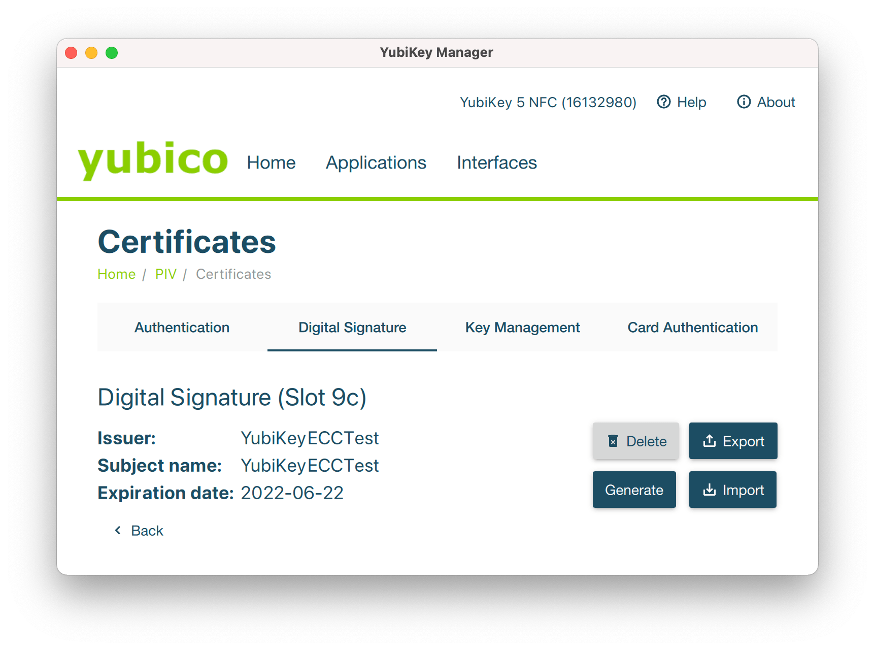 YubiKey Manager Certificate Loading Screenshot