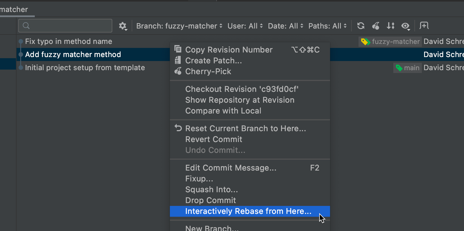 Start interactive rebase from selected commit