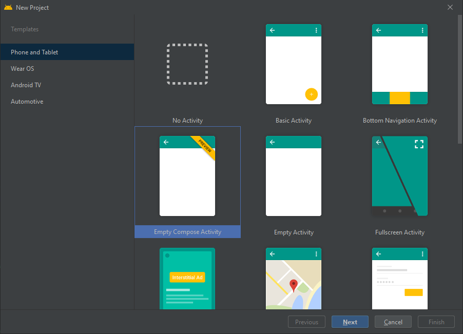 Android Studio template selection modal