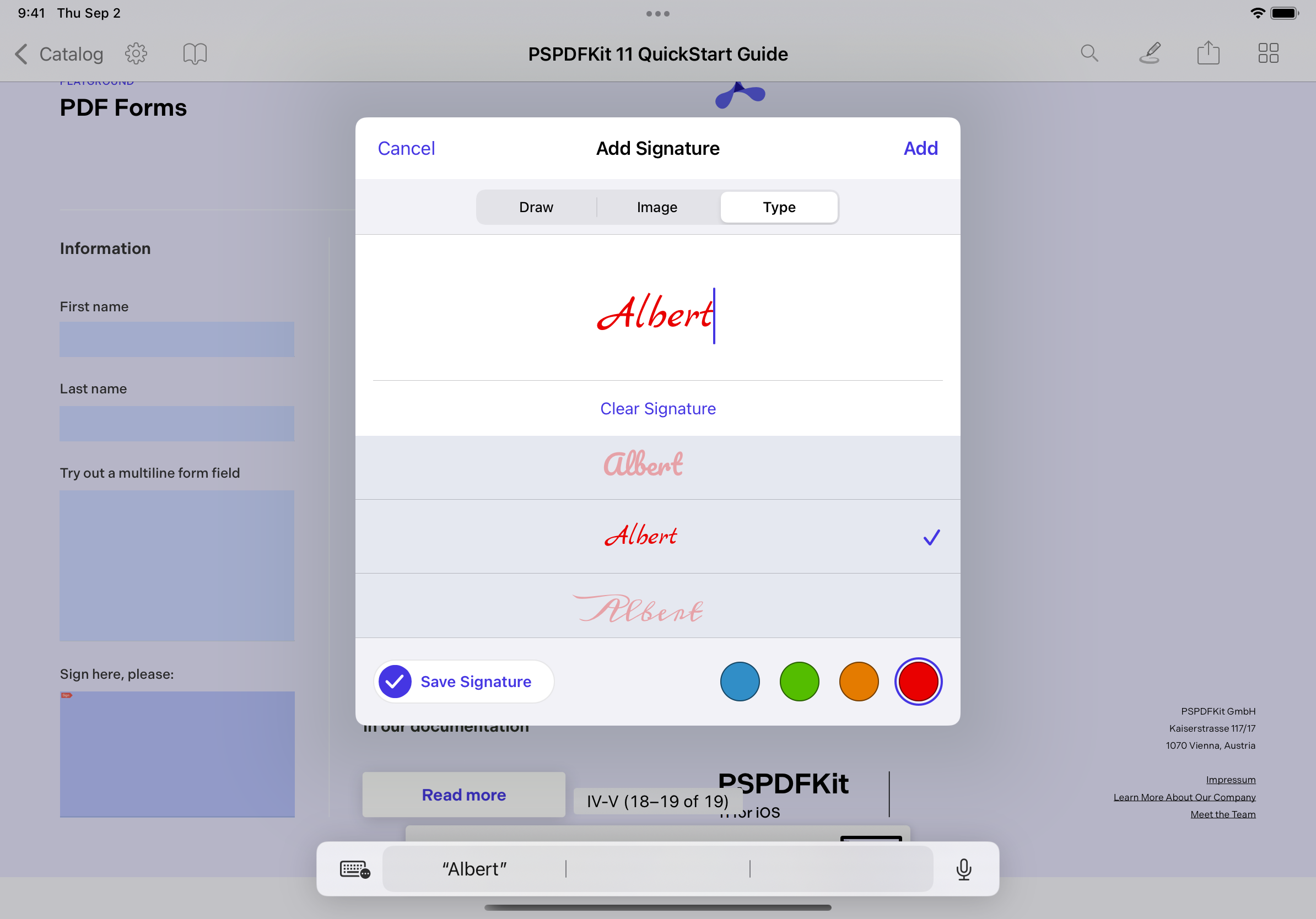Screenshot showing typing the signature Albert with red, orange, green, and blue color options