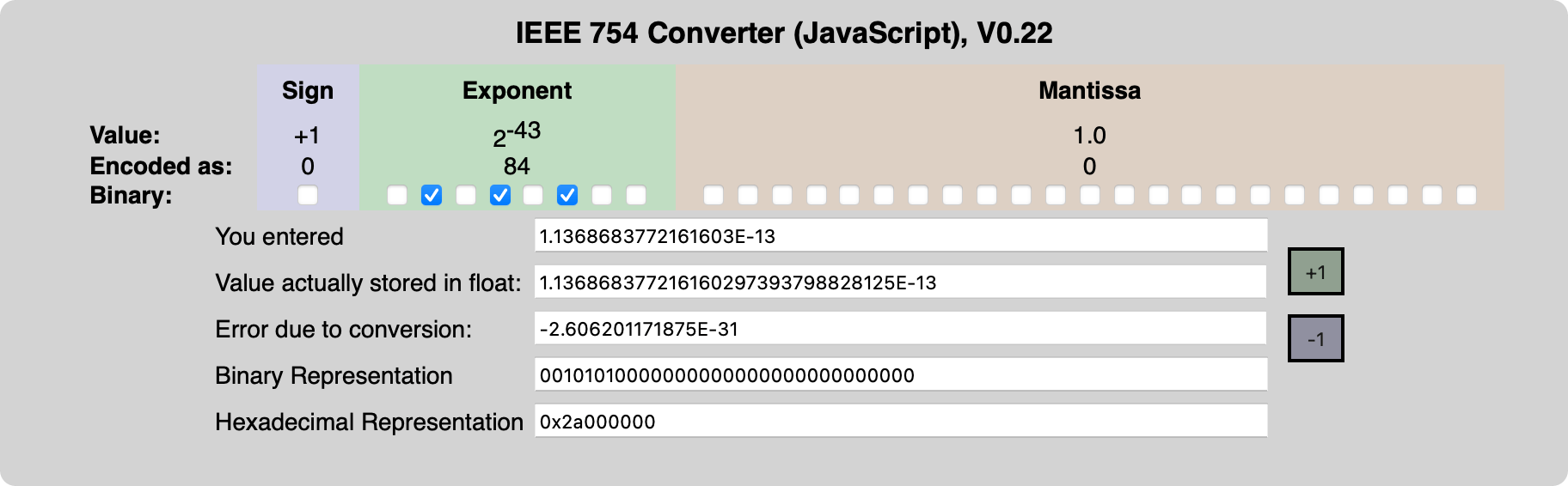 IEEE-754 Floating Point Converter given 1.1368683772161603 times 10 to the power of -13 as input.