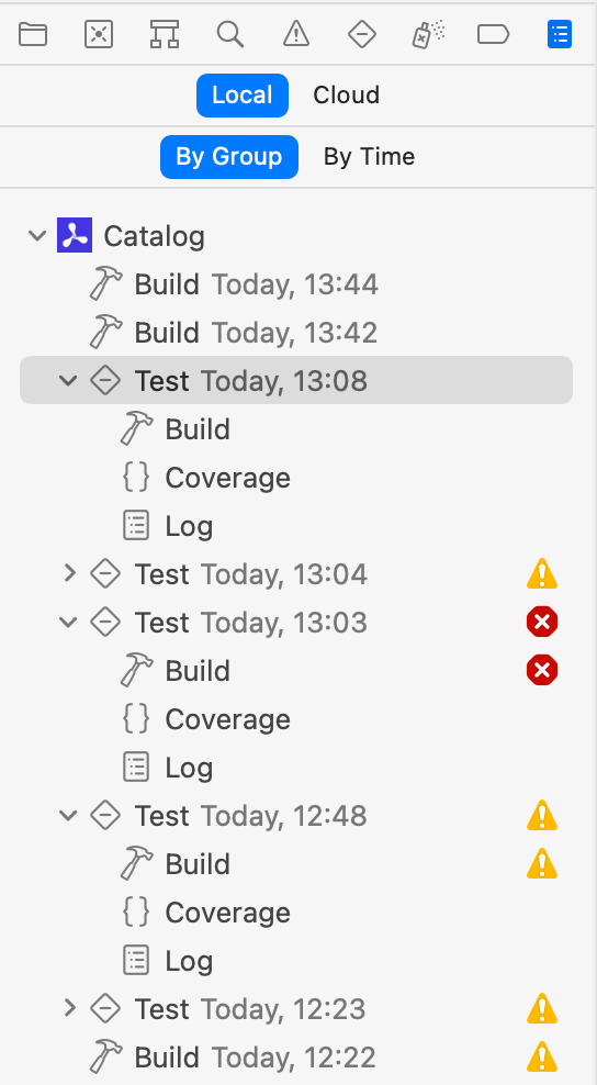 Xcode’s report navigator listing several past build and test actions