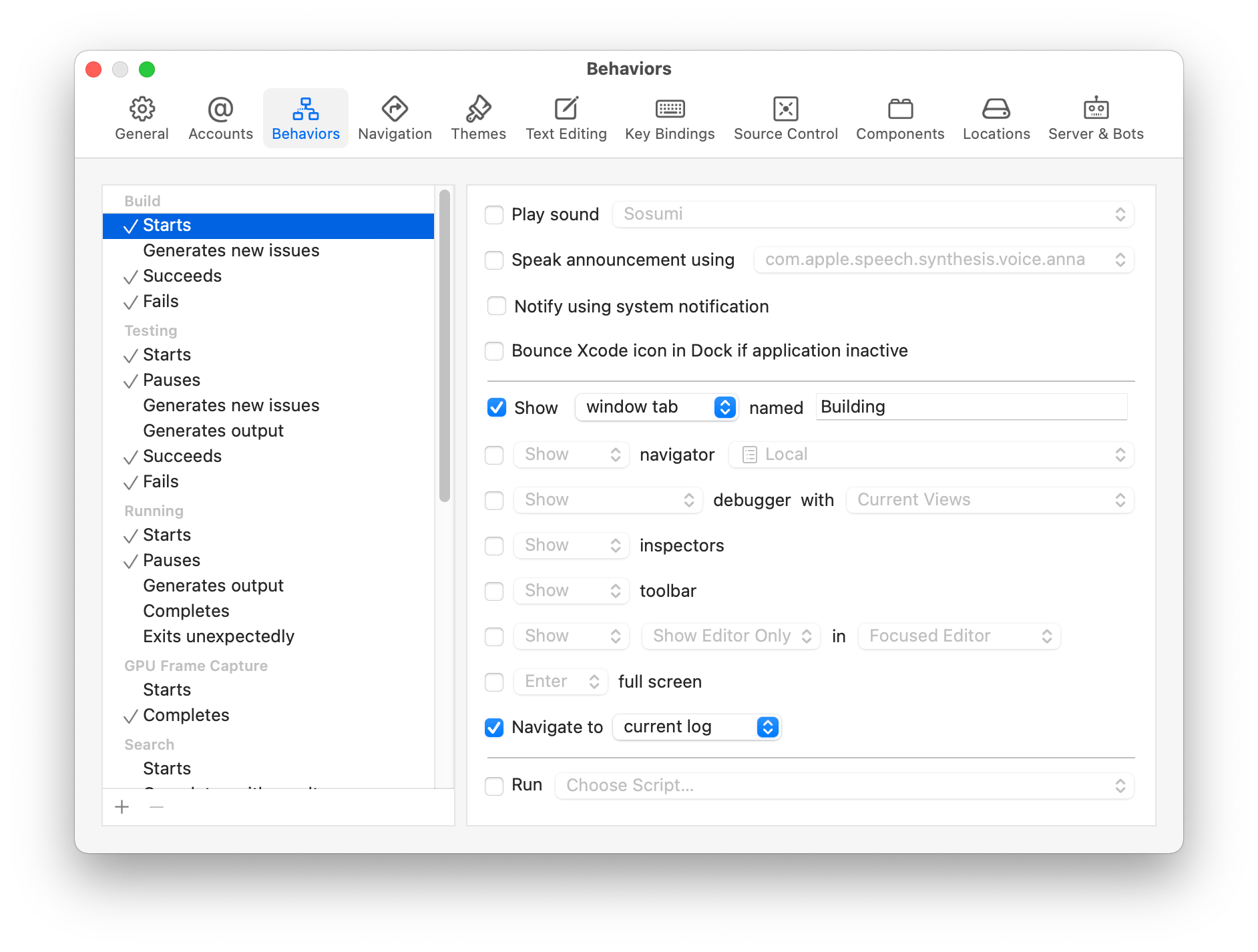 Xcode’s Behaviors Preferences: When the build starts, show the window tab named “Building” and navigate to the current log