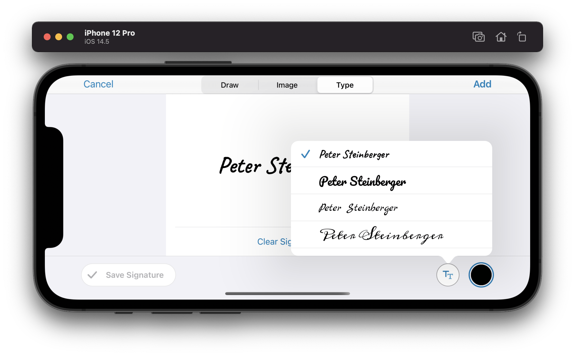 iPhone in landscape mode showing the new Electronic Signature feature