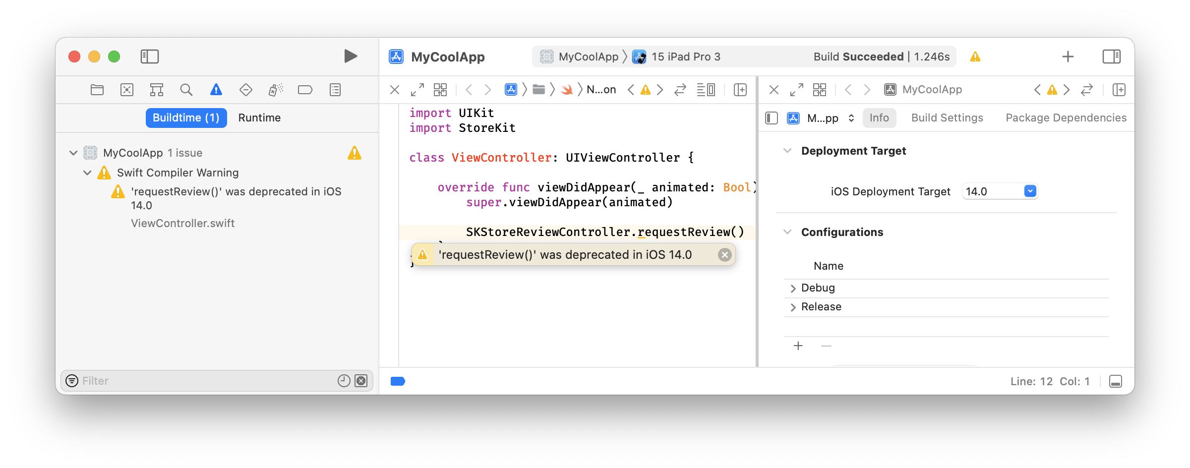 Screenshot of Xcode project with the deployment target set to iOS 14.0 and using SKStoreReviewController.requestReview(). The issues navigator shows Swift Compiler Warning: requestReview() was deprecated in iOS 14.0.