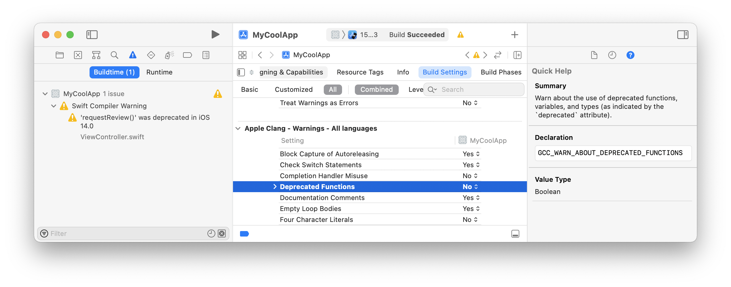 Screenshot of Xcode project showing the Deprecated Functions build setting selected and set to No but there is still a warning. Summary: Warn about the use of deprecated functions, variables, and types (as indicated by the deprecated attribute).