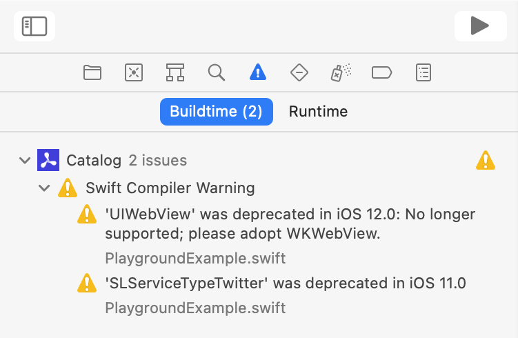 Screenshot of Xcode issues navigator. Catalog 2 issues: Swift Compiler Warning: ‘UIWebView’ was deprecated in iOS 12.0: No longer supported; please adopt WKWebView. ‘SLServiceTypeTwitter’ was deprecated in iOS 11.0