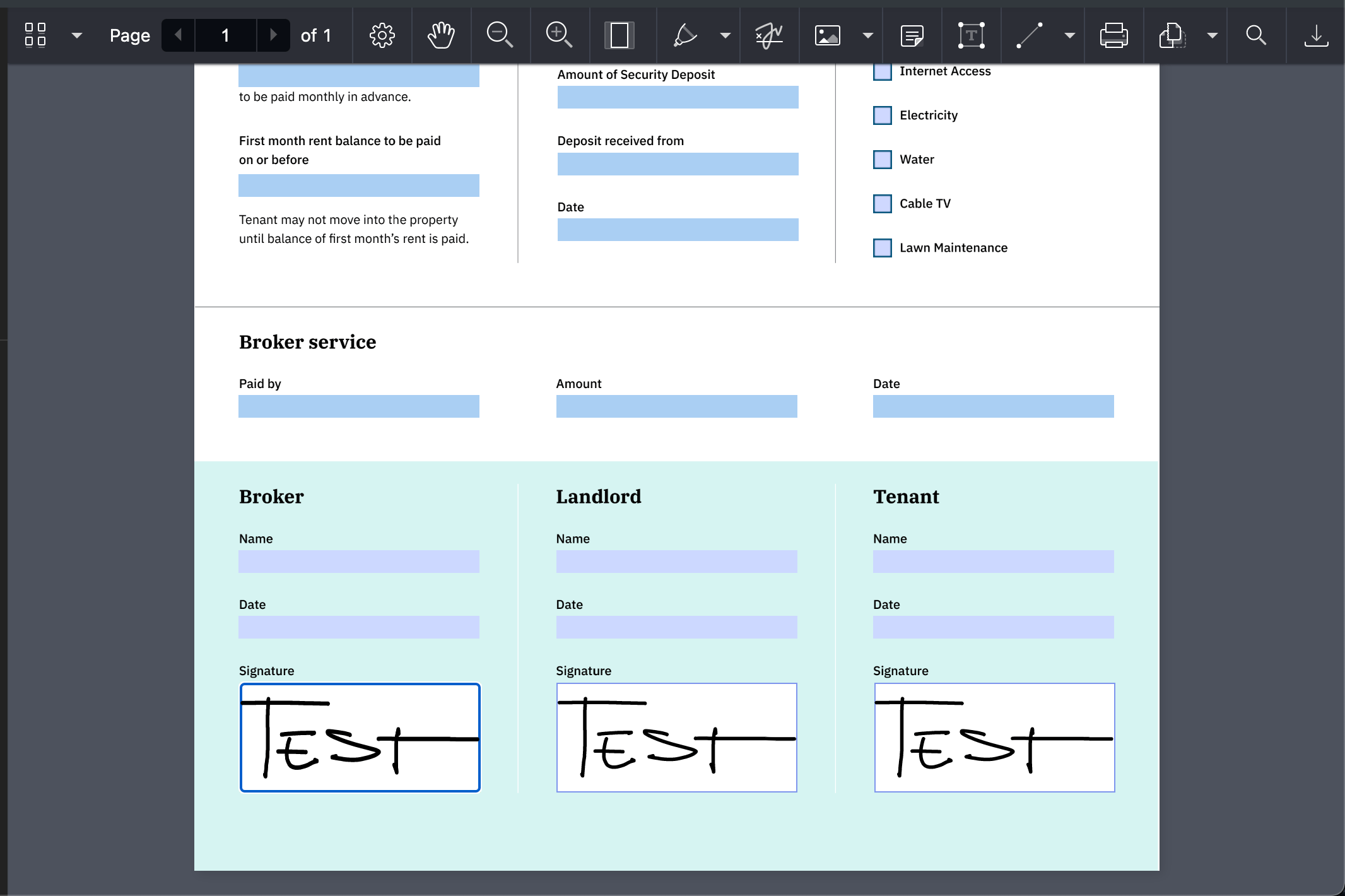 Example of populated signature form fields