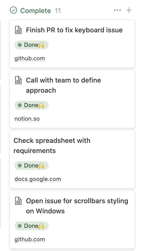 Screenshot of some Done tasks in my Notion database