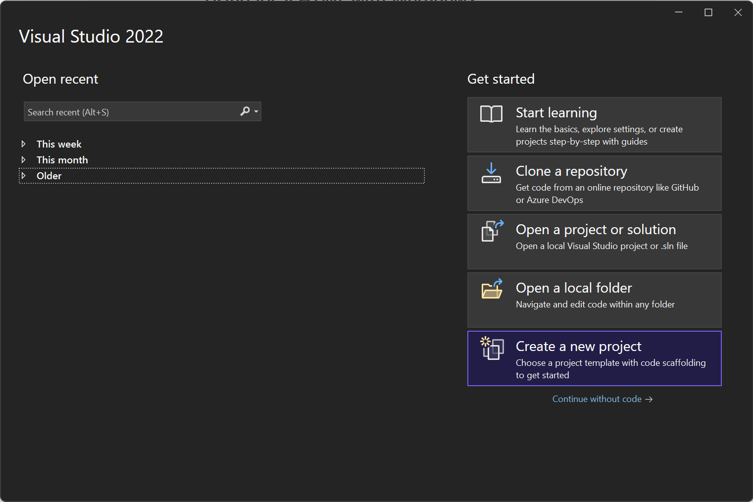 Visual Studio startup window