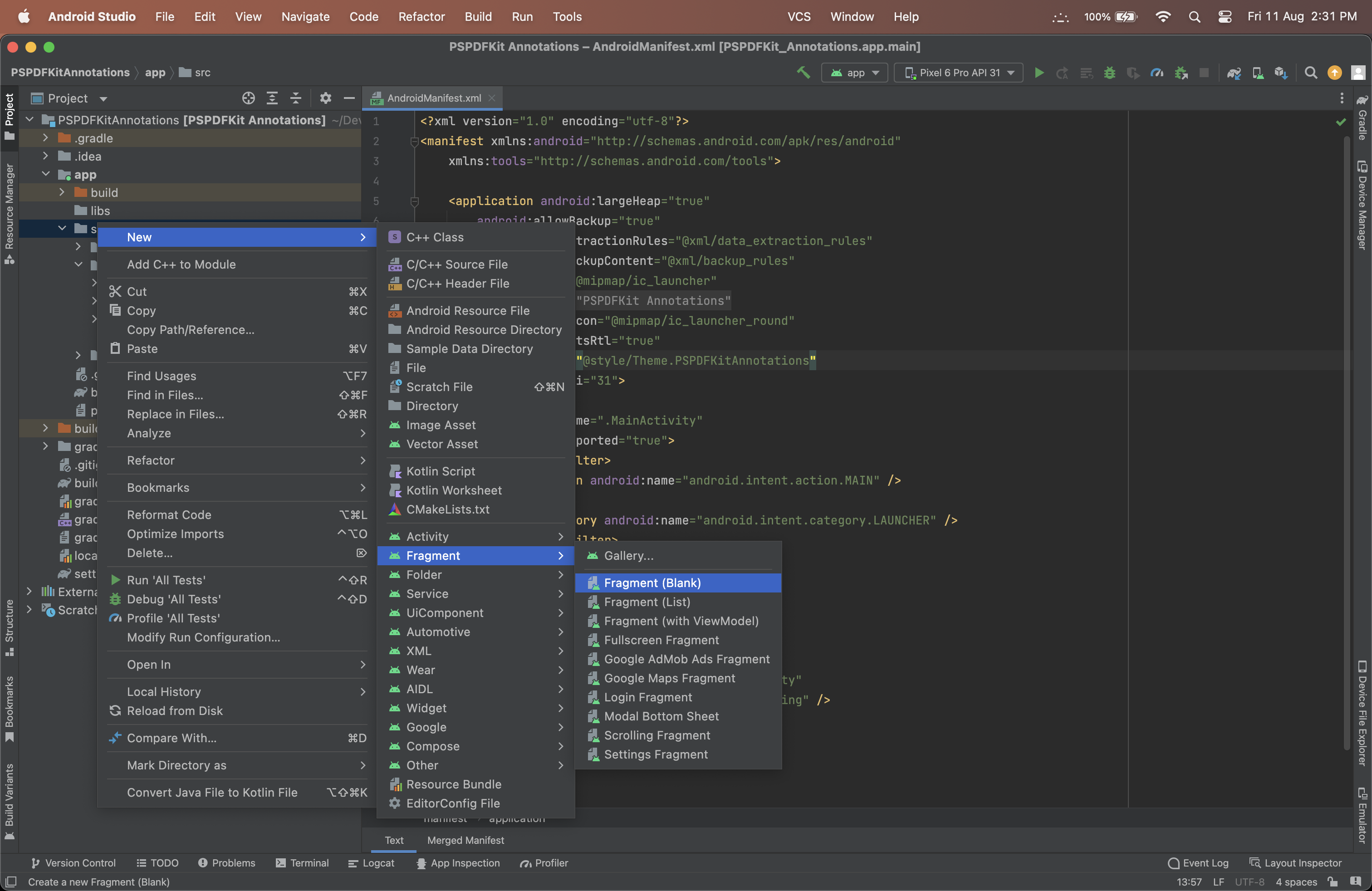 Image showing the navigation to blank fragment in Android Studio