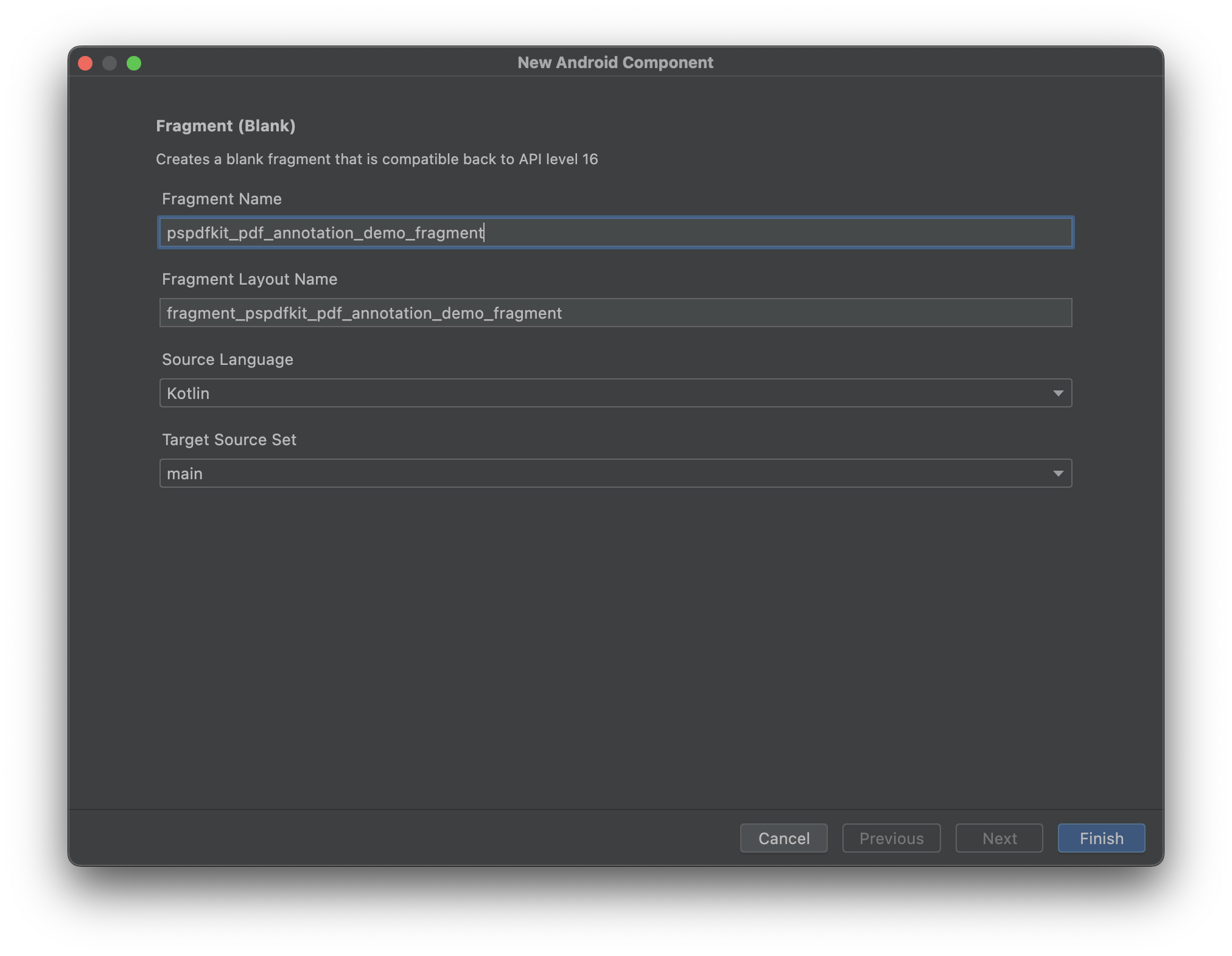 Image showing the Android studio’s UI for naming the fragment