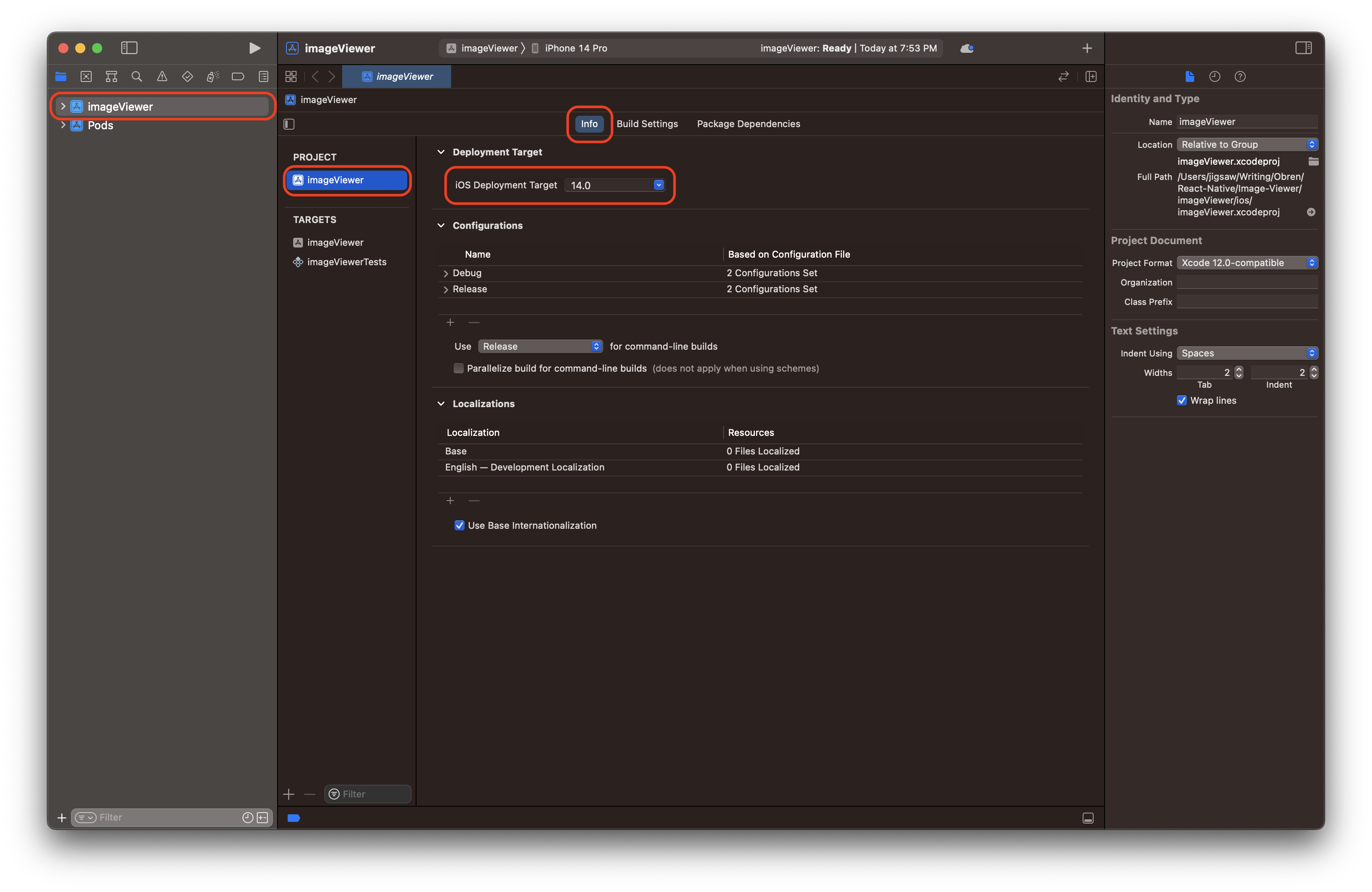 Image showing Xcode interface for setting the deployment target