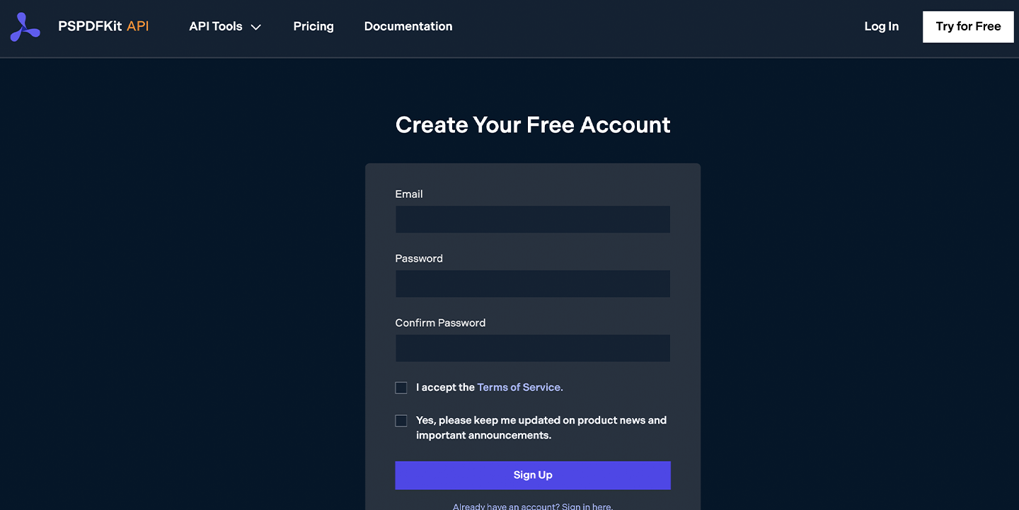 Free account PSPDFKit API