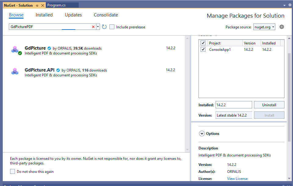Image showing to add a GdPicture from the NuGet solution manager