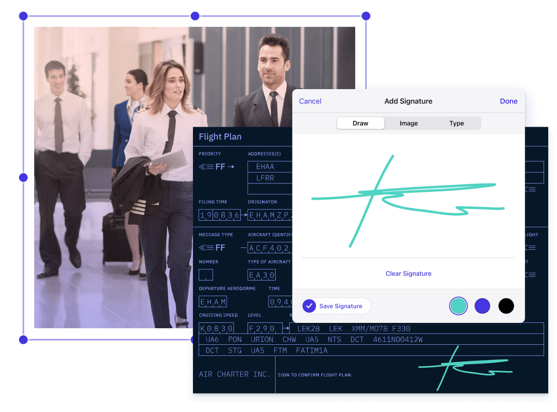Picture of pilots, overlaid by flight plan document and signature dialog