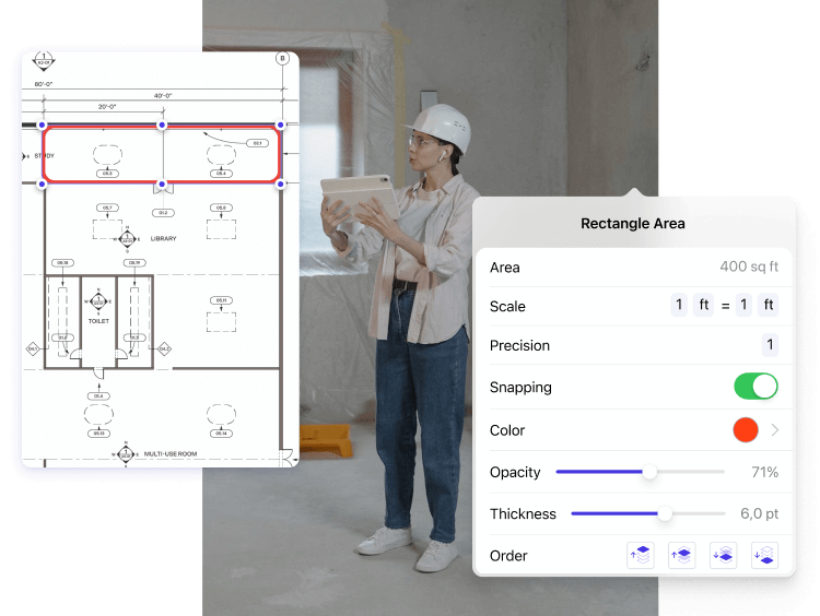 Construction plan with measurement annotations, measurement tools UI, and a photo of a construction worker