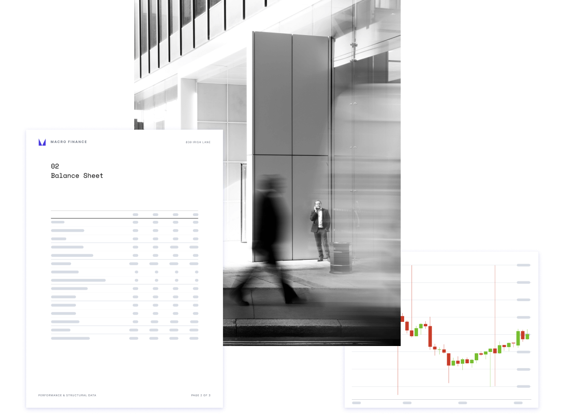 Picture of a financial building with a balance sheet PDF and a stock chart on top of it.