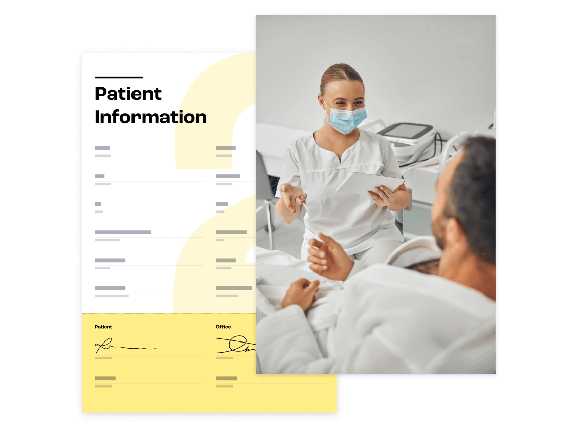 Picture of a healthcare worker and patient on top of a form showing patient information