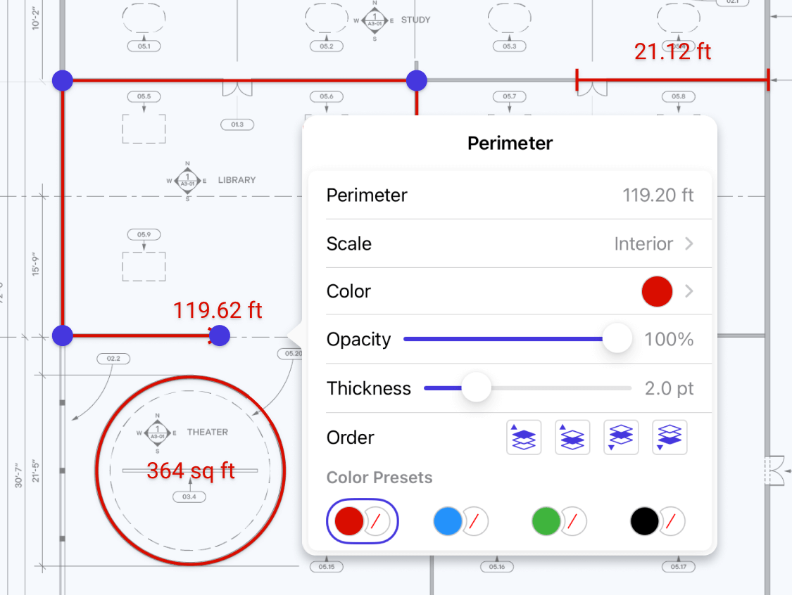 Construction plan with distance, circle area, and perimeter measurements