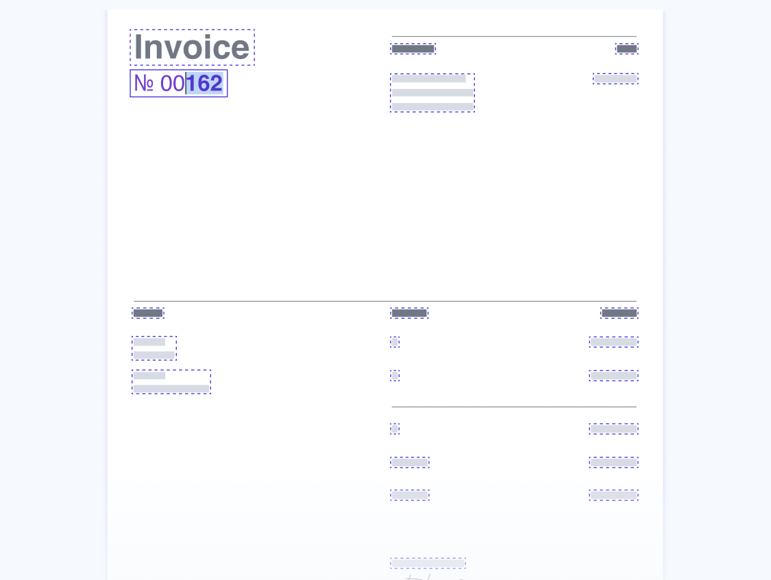 Invoice document in text editing mode with an invoice number selected and Content Editor toolbar on top of it.