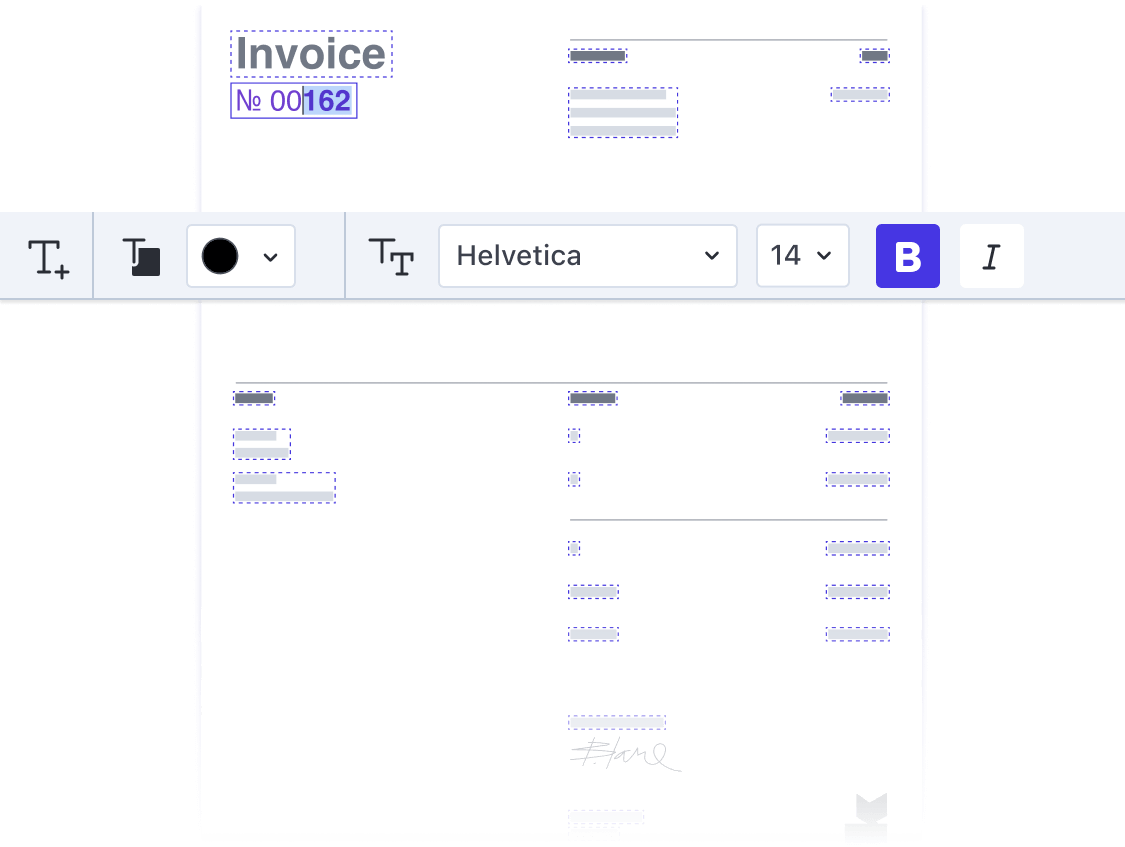 Invoice document in text editing mode with an invoice number selected and Content Editor toolbar on top of it.