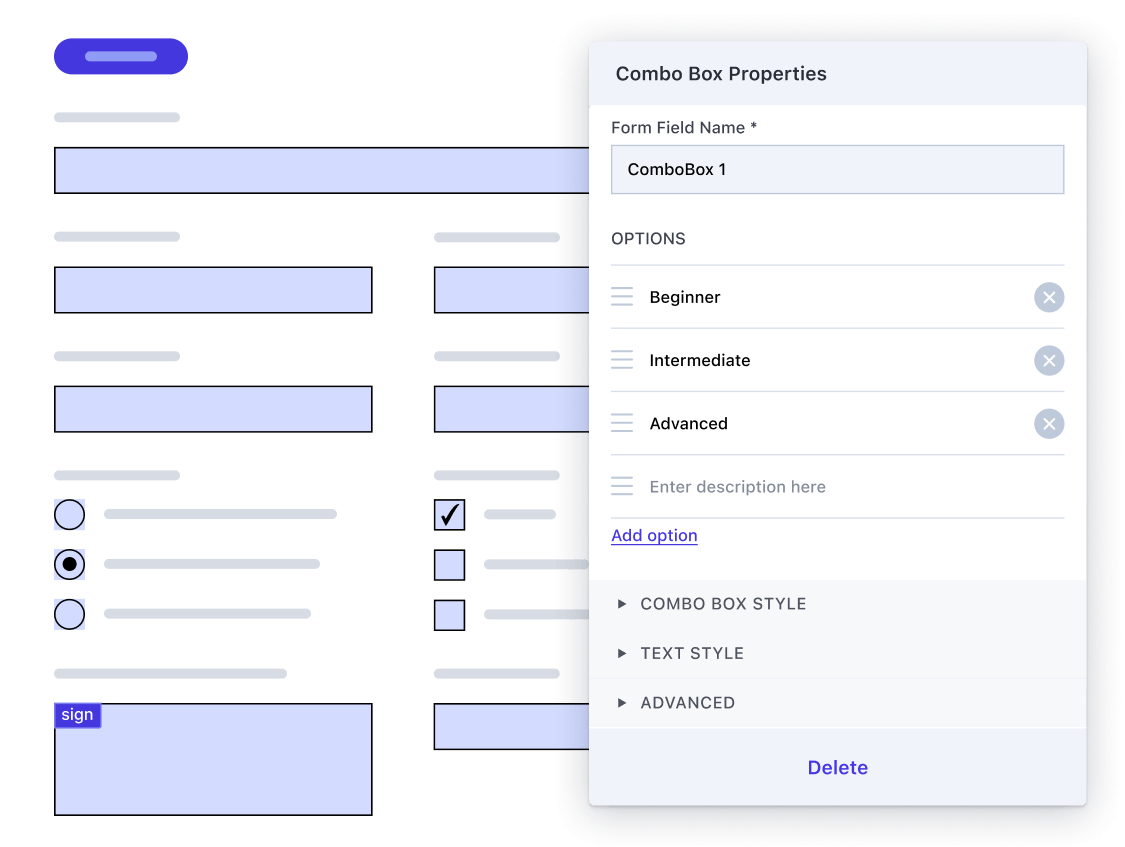 Highlighted form field widget with customizable options in sidebar