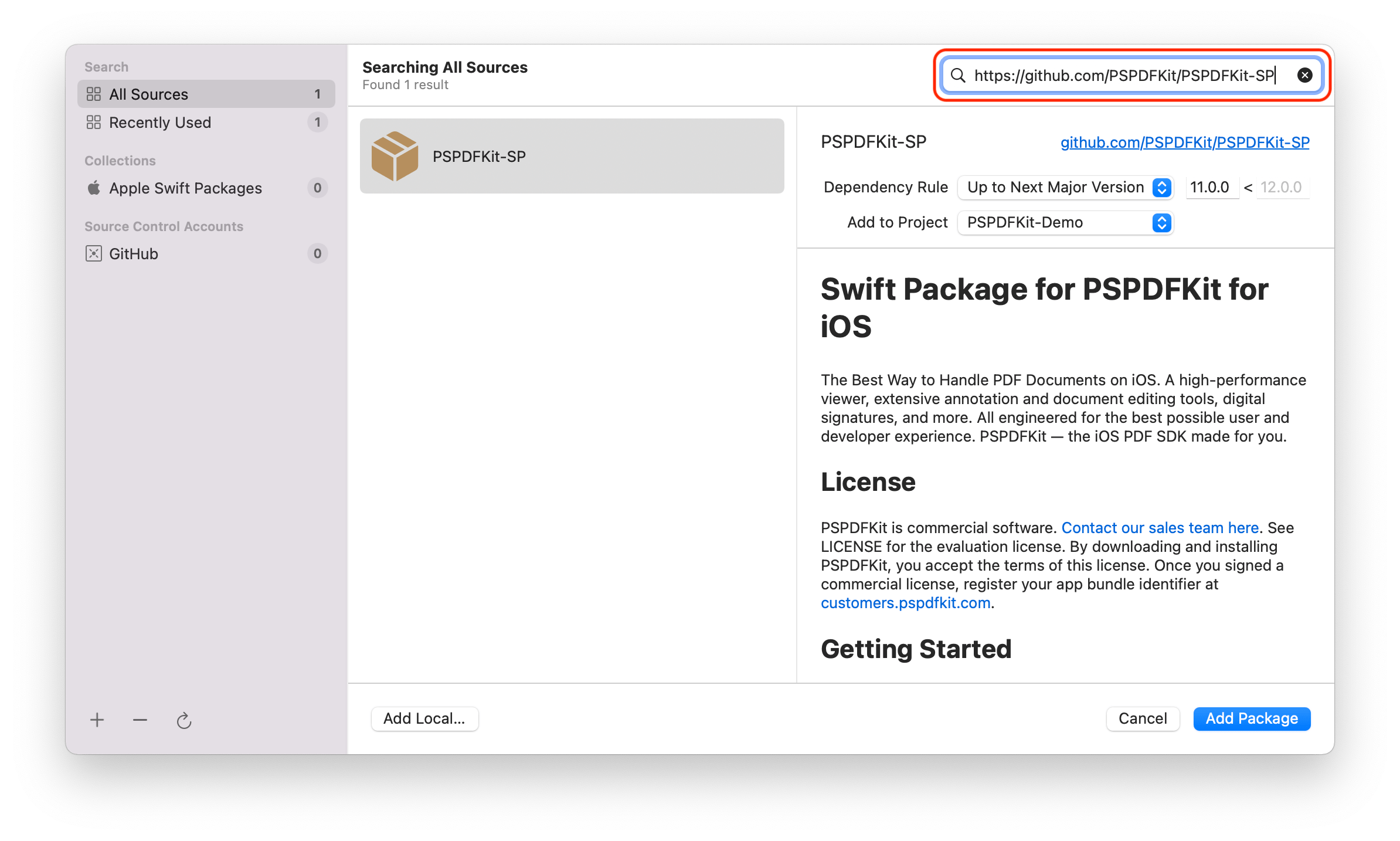 Adding the package URL
