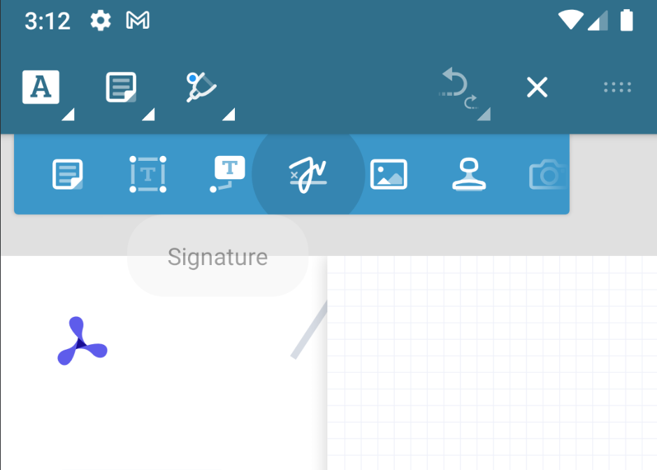 Android screenshot showing annotation toolbar with the second group expanded to show the highlighted signature icon.