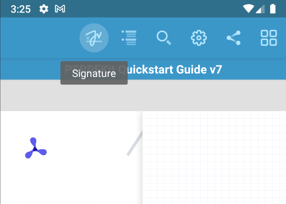 Android screenshot showing main toolbar with the signature button highlighted.