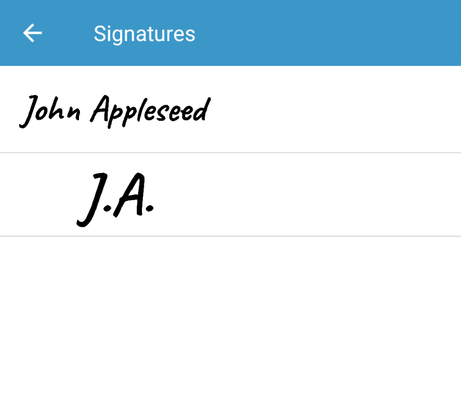Android screenshot showing a list with two signatures: John Appleseed and J.A.