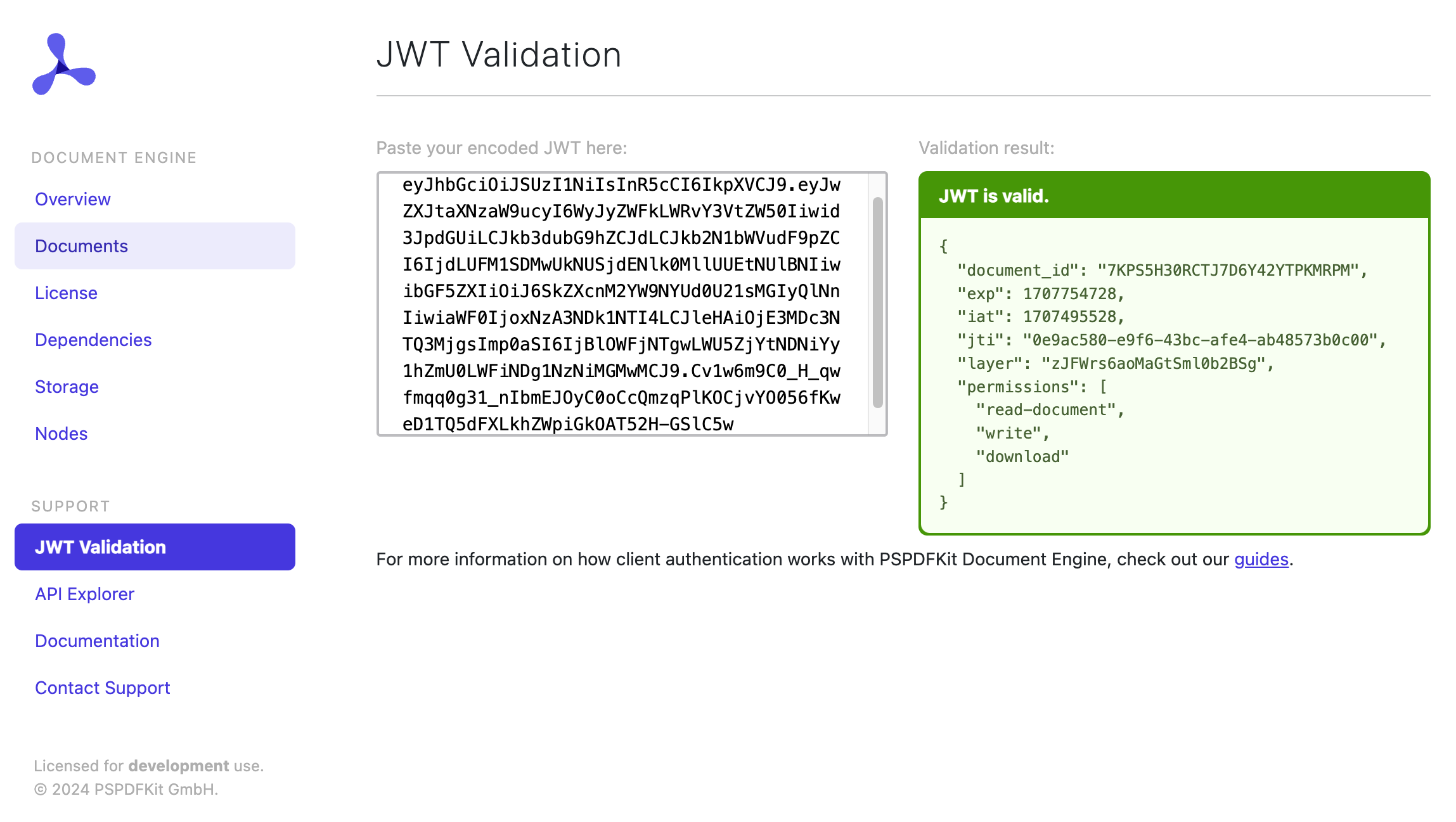 PSPDFKit Document Engine Dashboard JWT Validator