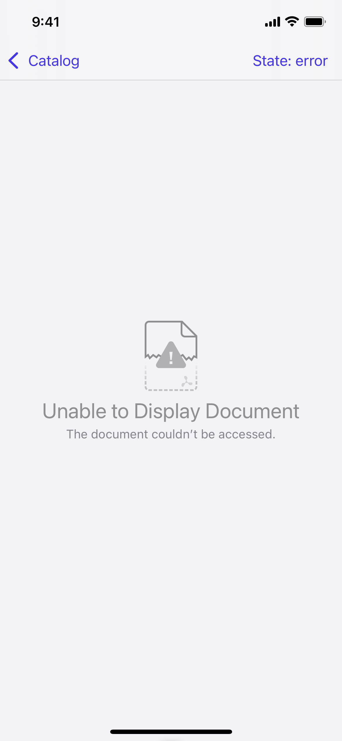 Screenshot of error state with error message “Unable to Display Document: The document couldn’t be accessed.”